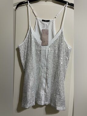 NWT Emery Rose Silver White SEQUINS Cami Spaghetti Strap Blouse Top Medium